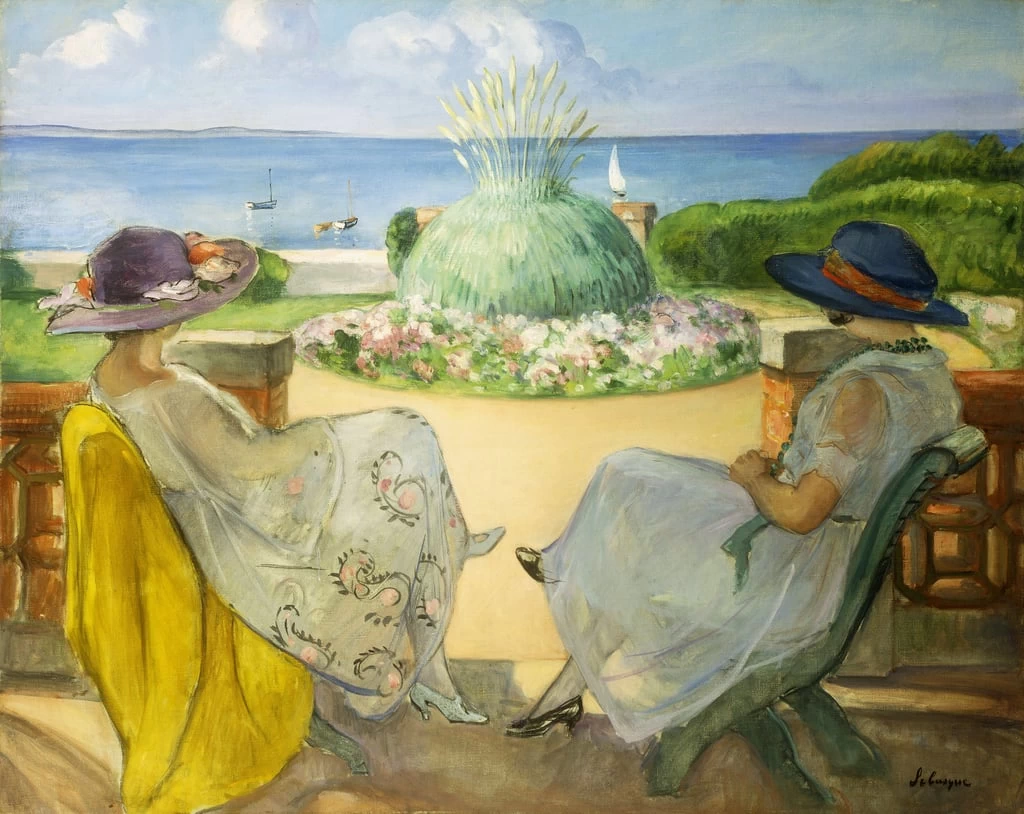 Due giovani ragazze su una terrazza di fronte al mare, 1922